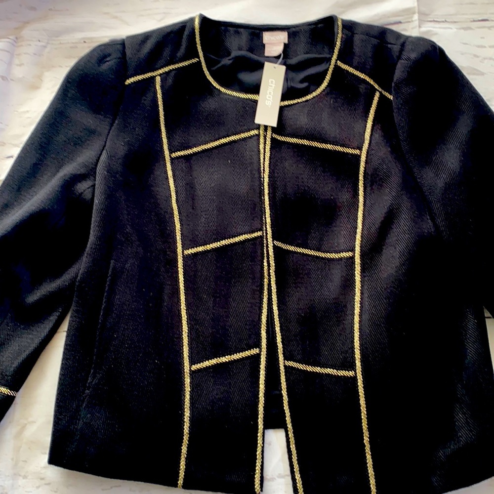 NWT Chico’s Black with Gold Trim Jacket. Size Chico 2, Large size 12